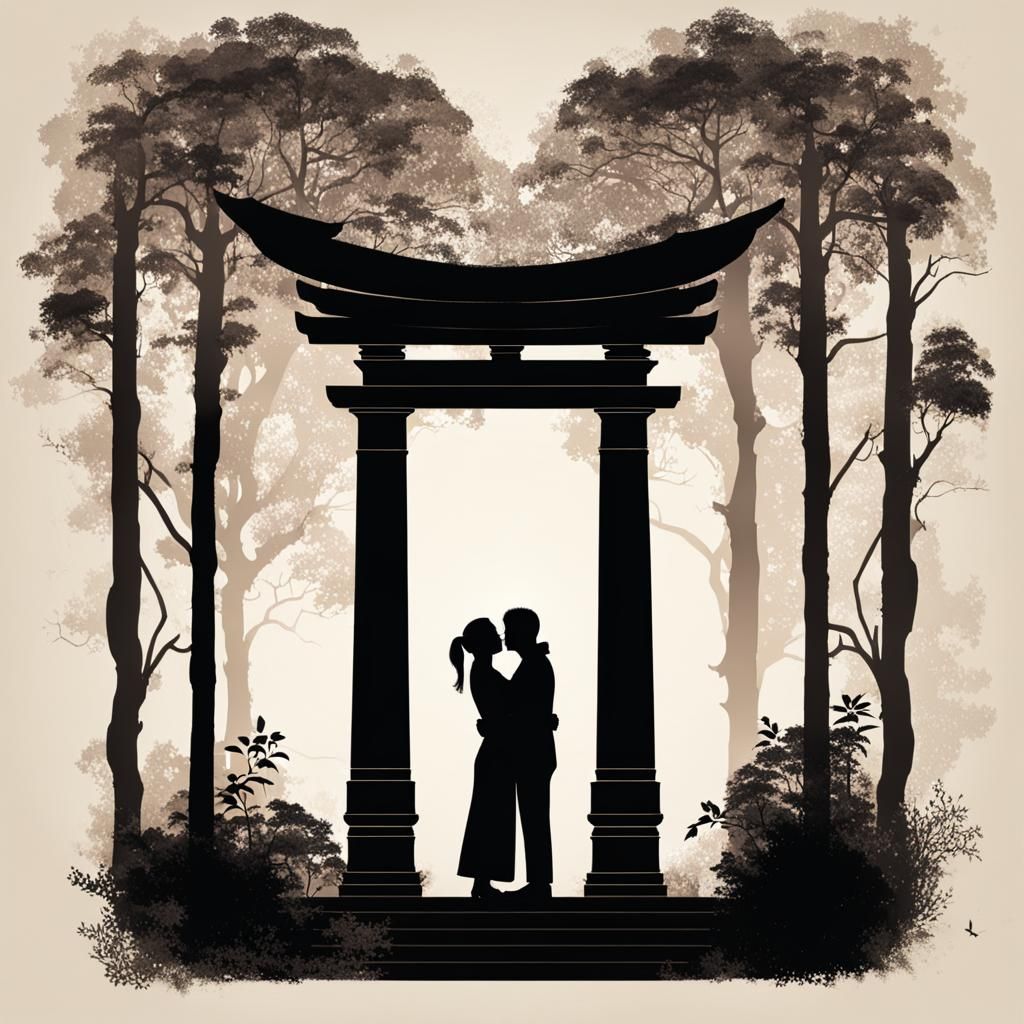 two silhouettes embracing each other in a temple surrounded ...