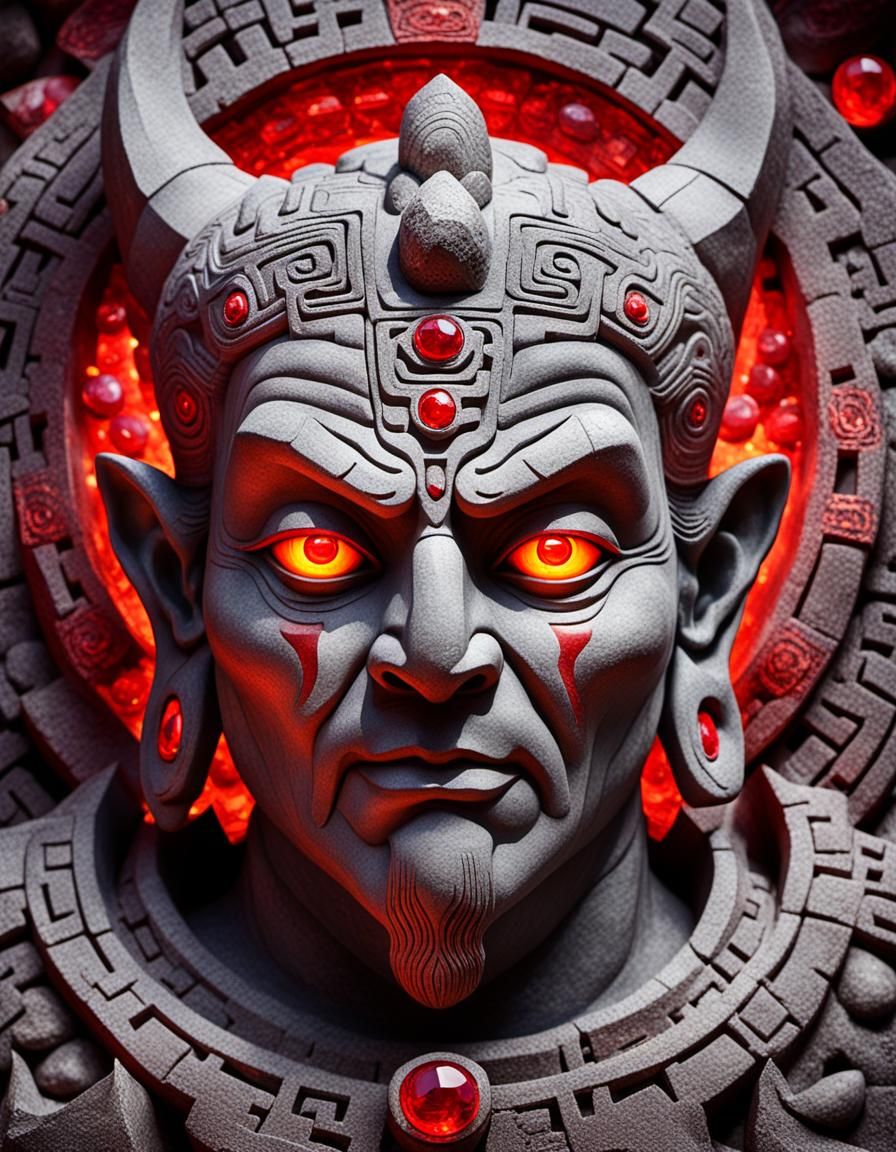 scenic picture of a ancient gambling god, grey stone face, p...