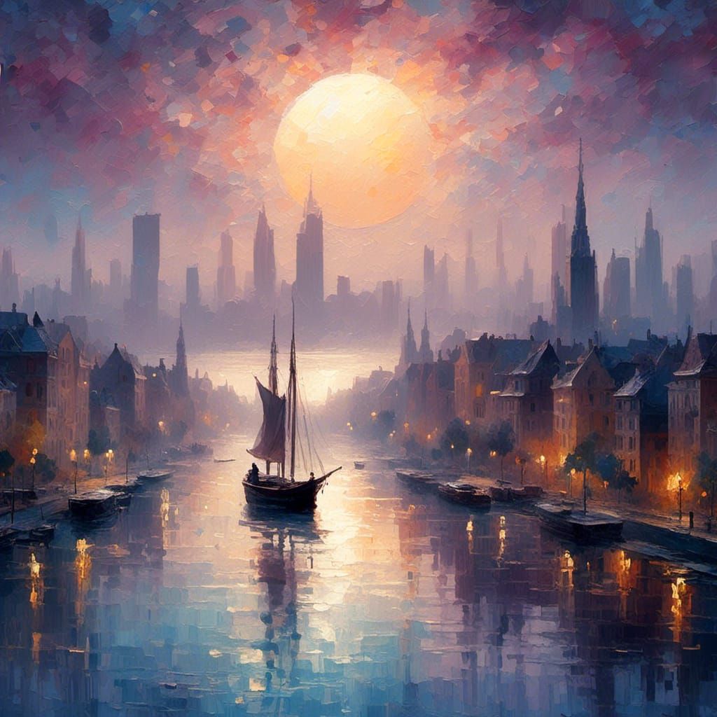 Cityscape and Moonlit Boat in Impressionist Watercolor