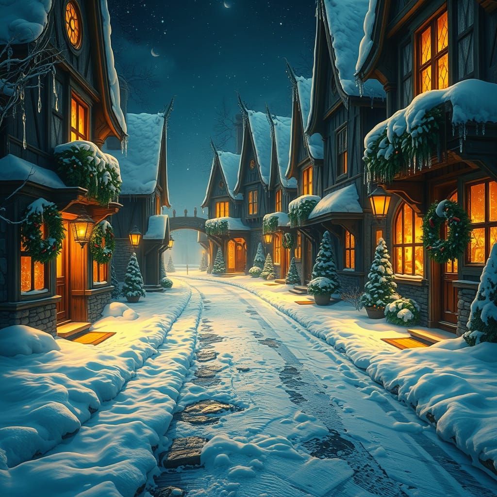 A snowy village street at night, with lights and wreaths on every house   by @undefined