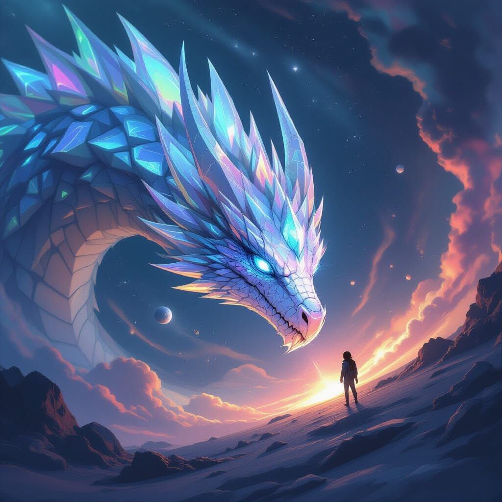 A colossal, crystalline dragon gently nudges a lost spacecraft towards a habitable planet, its scales shimmering with iridescent, biolumines...