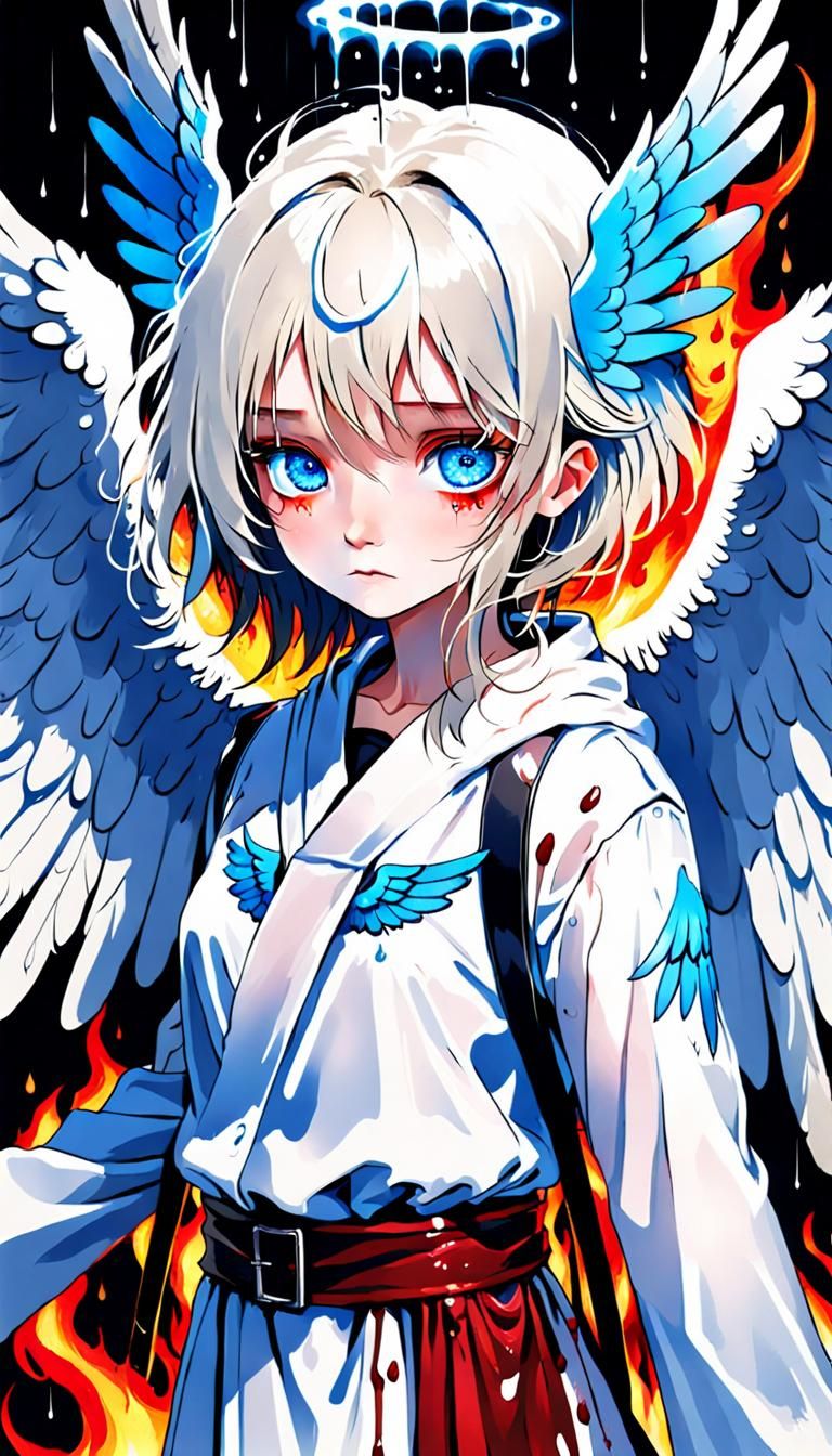 Gothic Angel, Caring Blue Eyes, Blood Drenched Angel Wings, Fire Rainingfrom the Sky, Torn Robes, wet textures 
