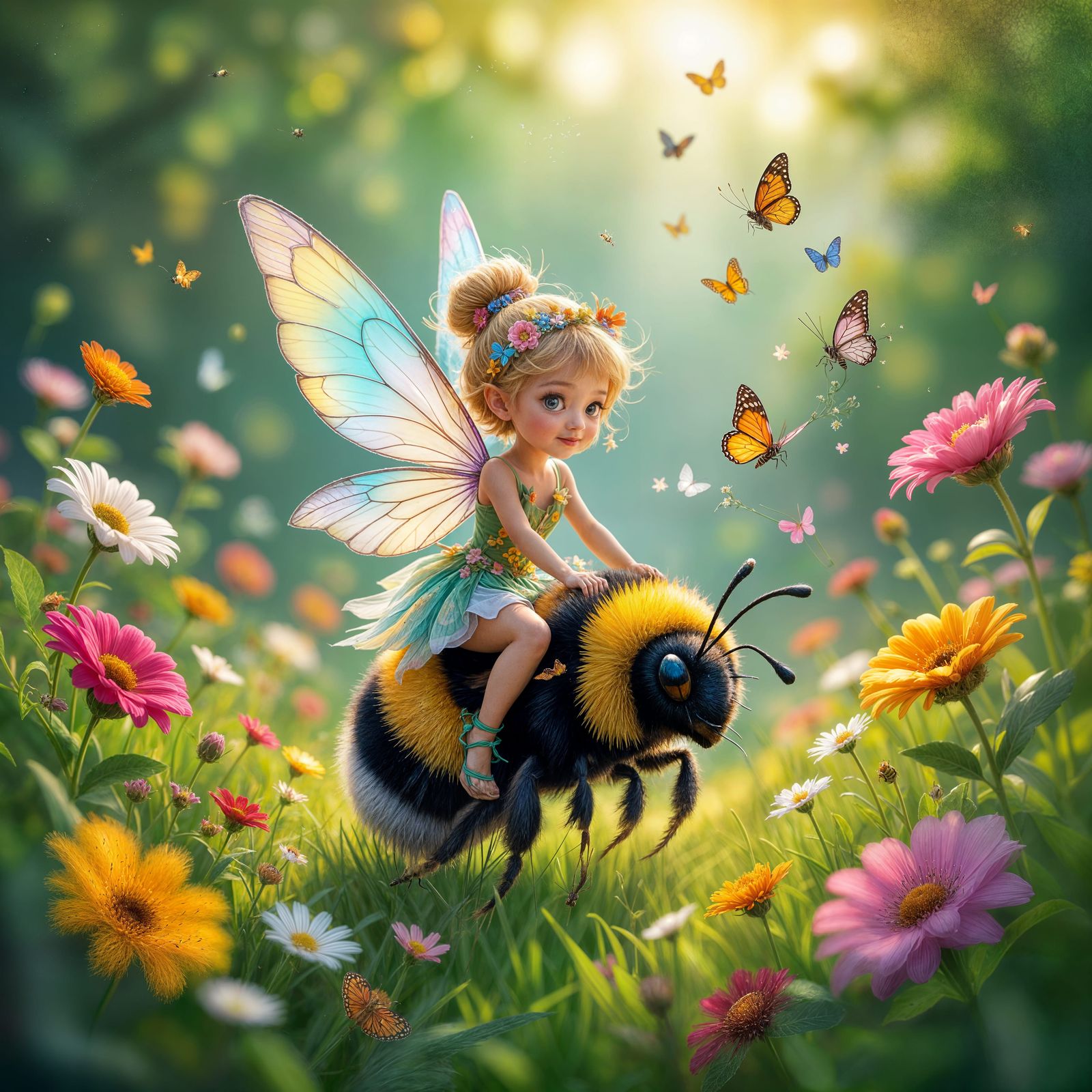 Tiny Fairy Rides Bumblebee in Enchanted Garden