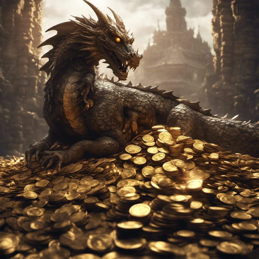 a  dragon sleeping on his pile of gold coins 