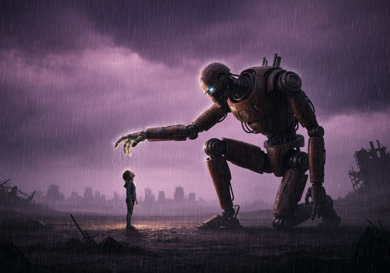 In a desolate, post-apocalyptic landscape, a lone, giant rusted robot crouches and reaches one compassionate glowing hand out to protect a s...