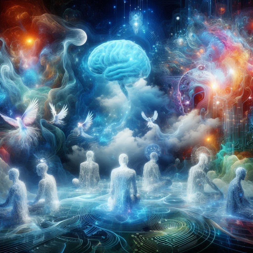 A kneeling, crystalline robed figure