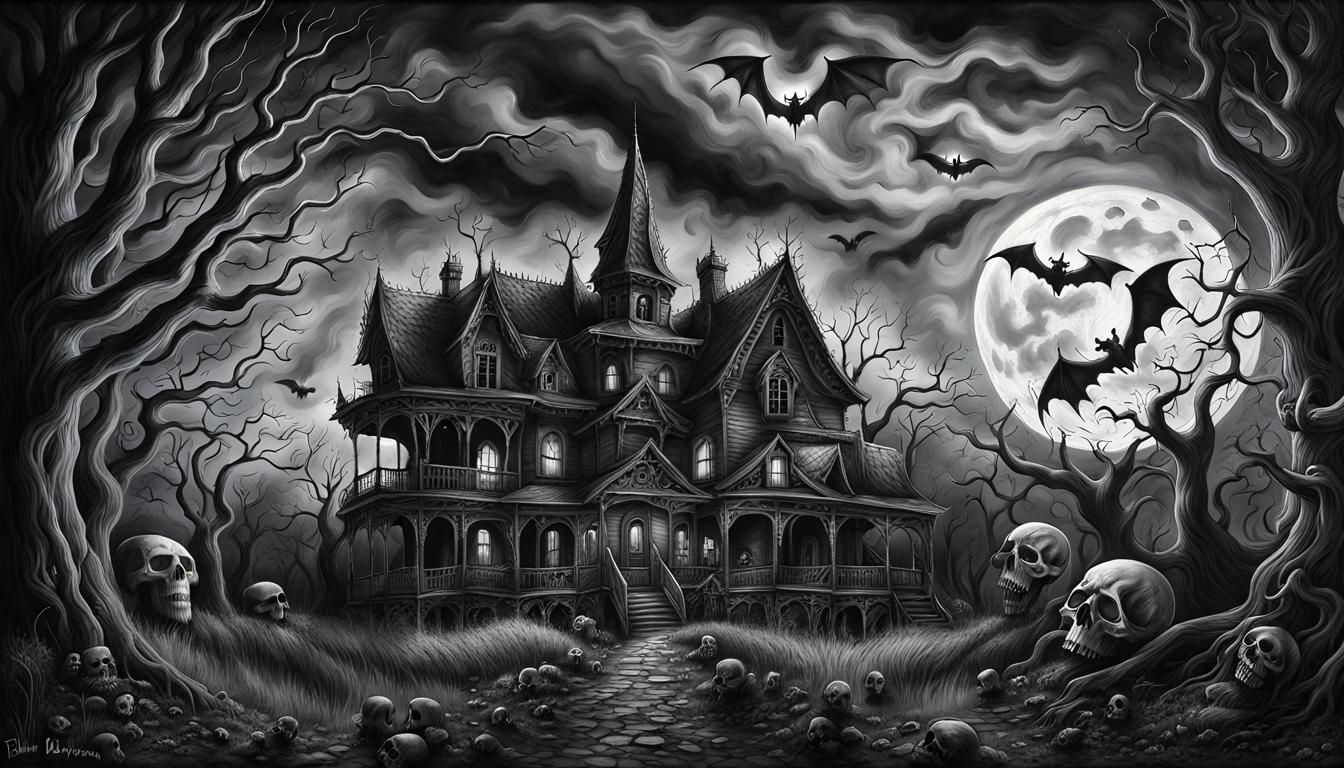Sinister Haunted House Charcoal Drawing