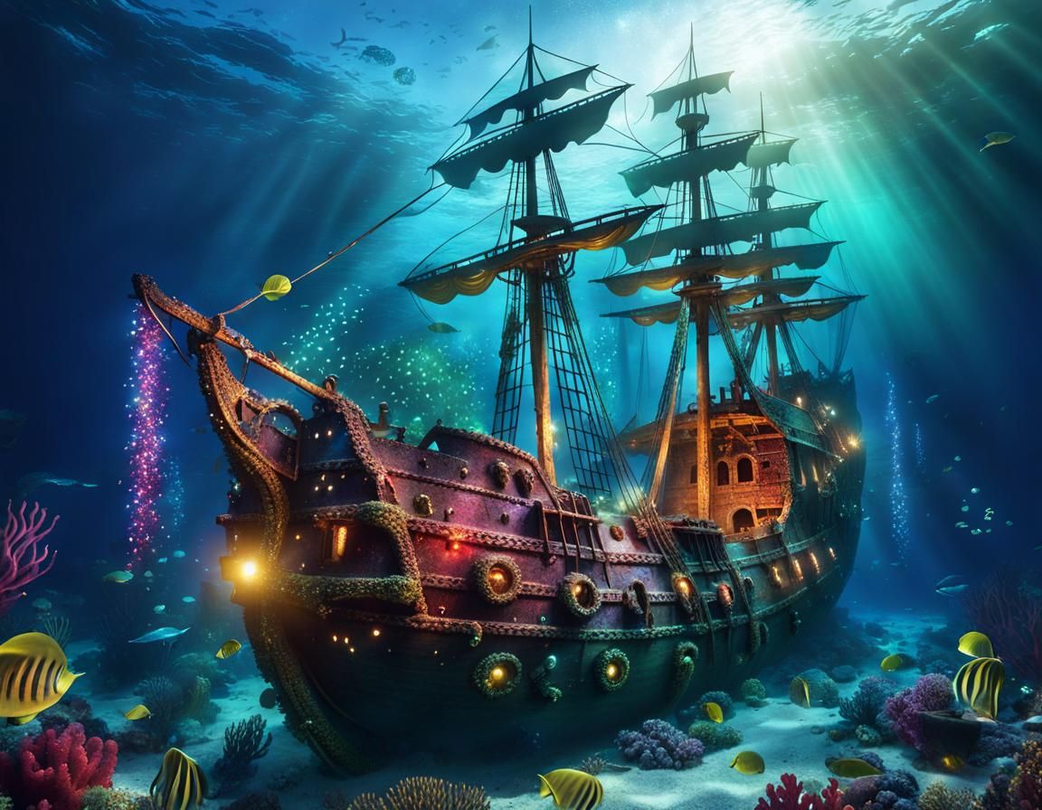 underwater wreck of huge caravel , redhead siren with tentac...