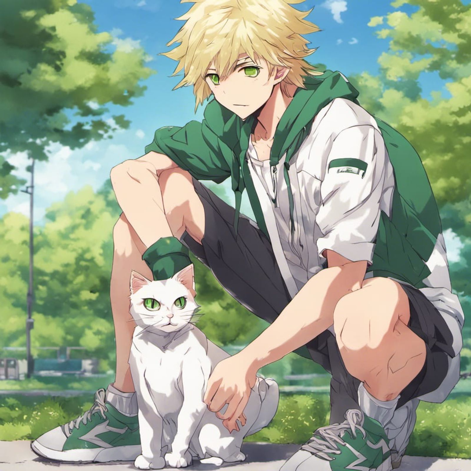 anime boy with yellow hair and green eyes