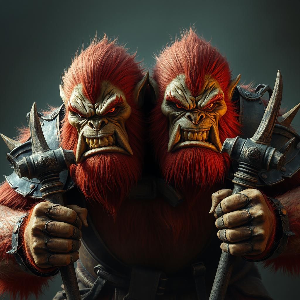 Fantasy, like Dungeons & Dragons.  Two-headed ogre, reddish ...
