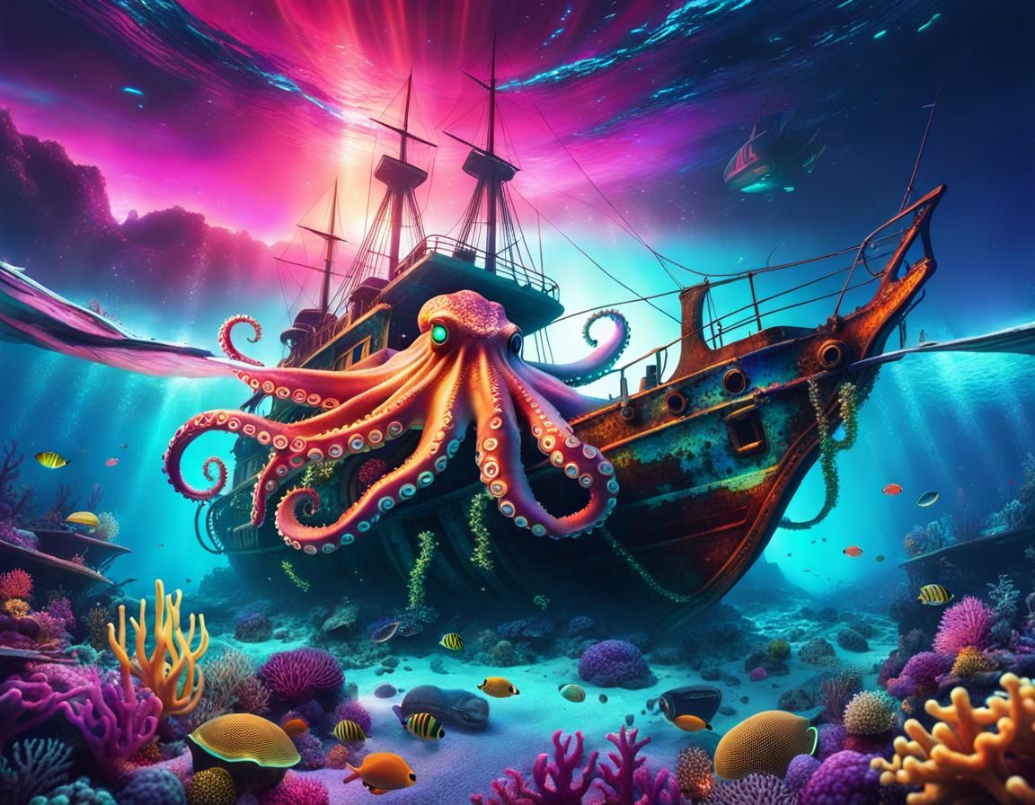 huge octopus, underwater wreck of sail boat, magical colorfu...