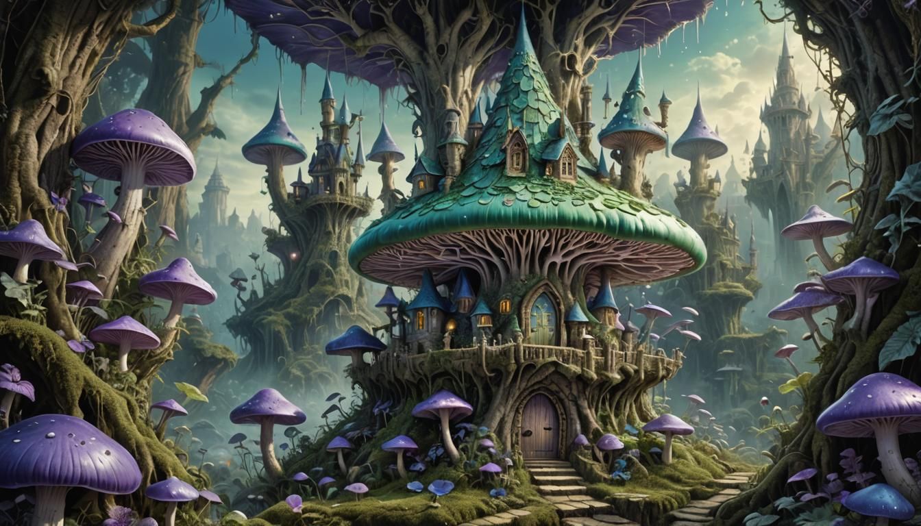 A fantasy complex green mushroom engraved into an intricate ...