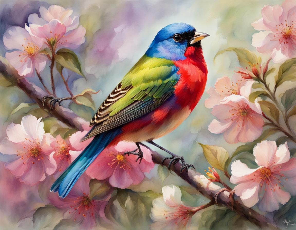 Colorful watercolor Bunting in floral background  by @Fiona Etkin 1974 