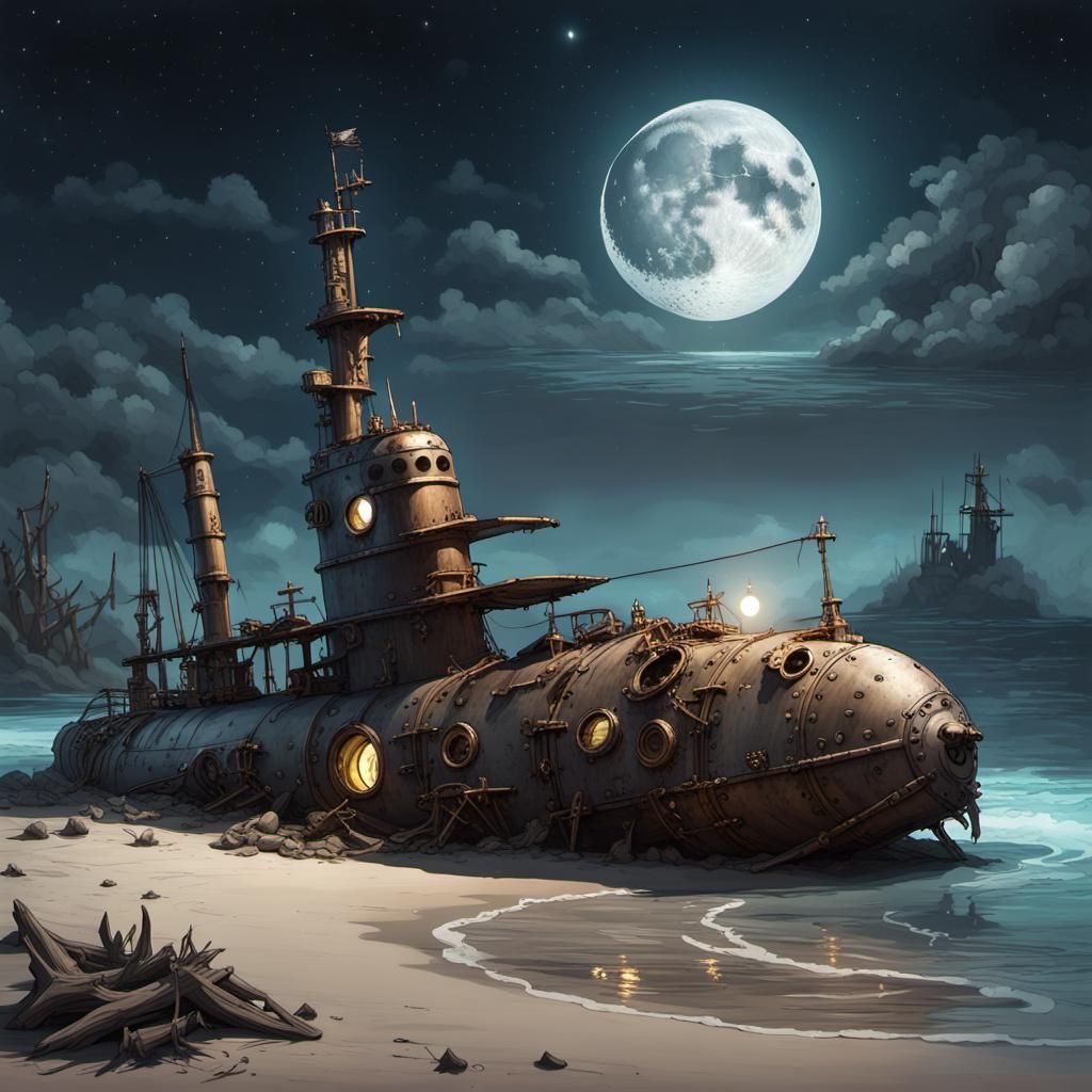 A desert island shoreline at night with the moon and stars above and a destroyed steampunk submarine ...  by @Llama Rich