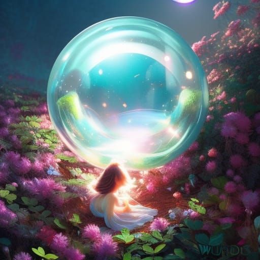 fairy stuck in bubble surrounded by luminous floating crysta...