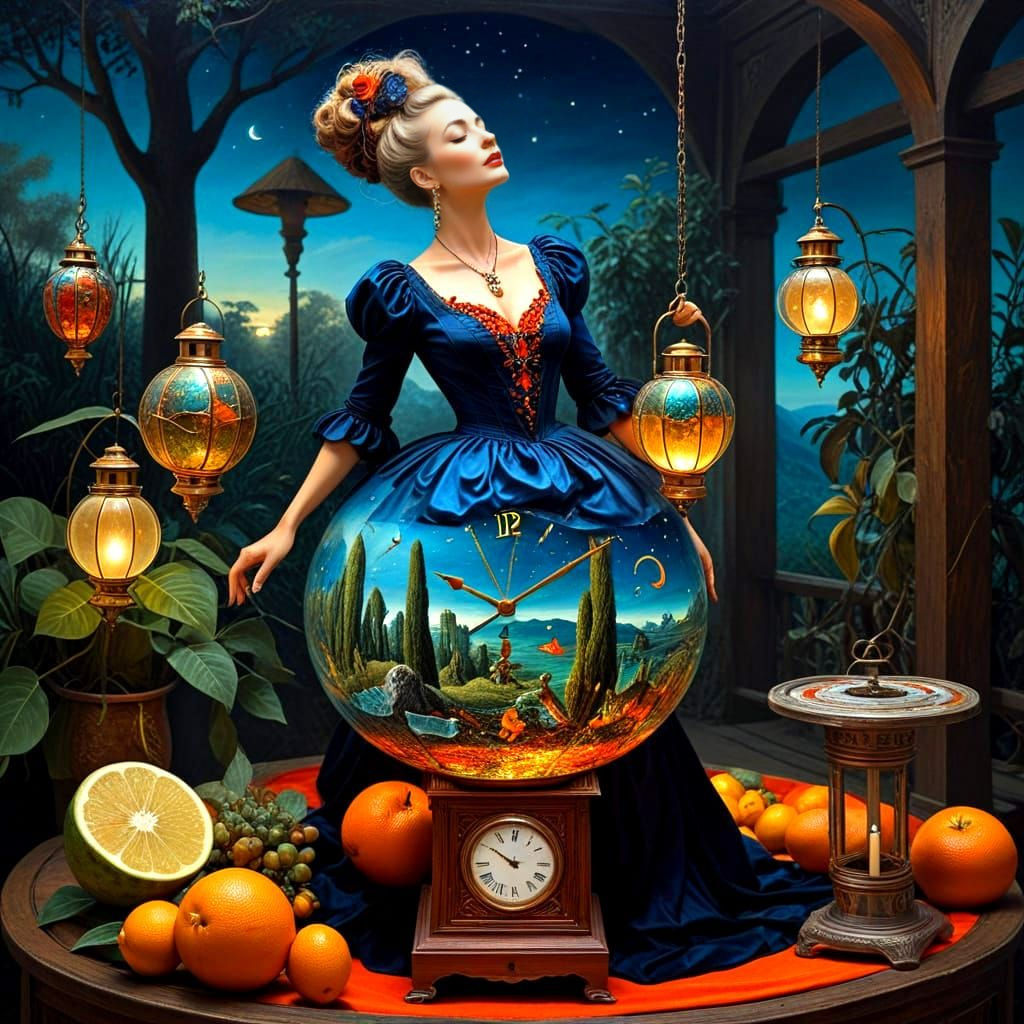 Happy Woman in Surreal Scene with Antique Objects