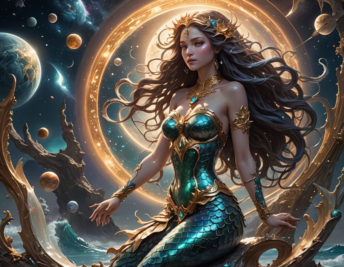Create in the foreground a very beautiful Space Mermaid Godd...