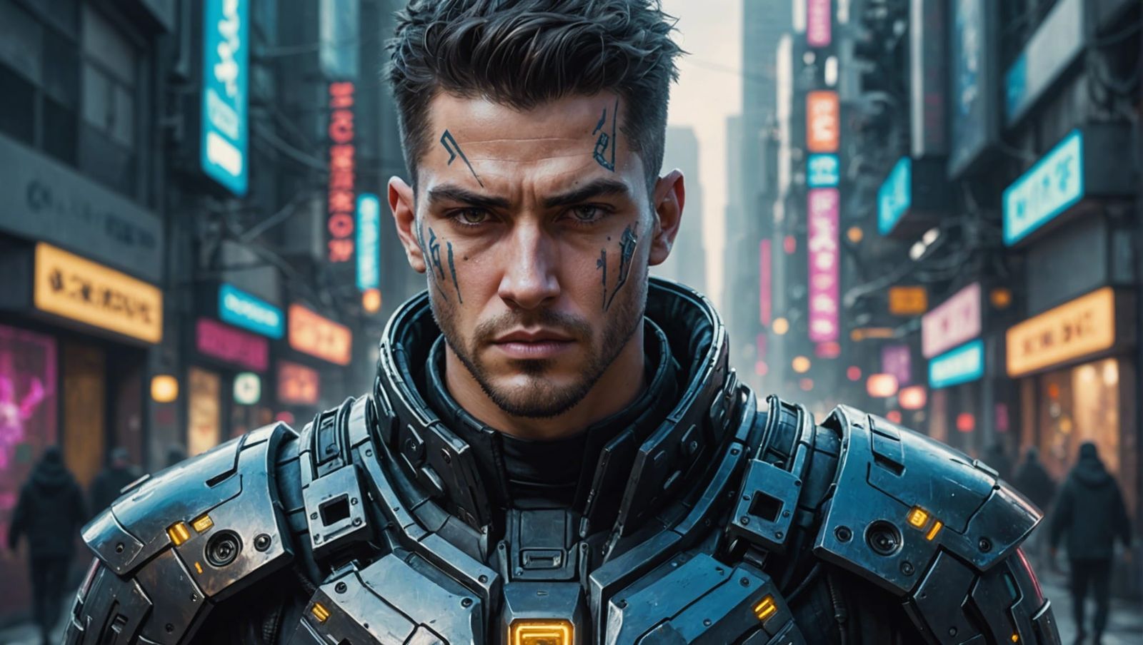 A male cyberpunk warrior who is, in truth, a gentle soul. de...