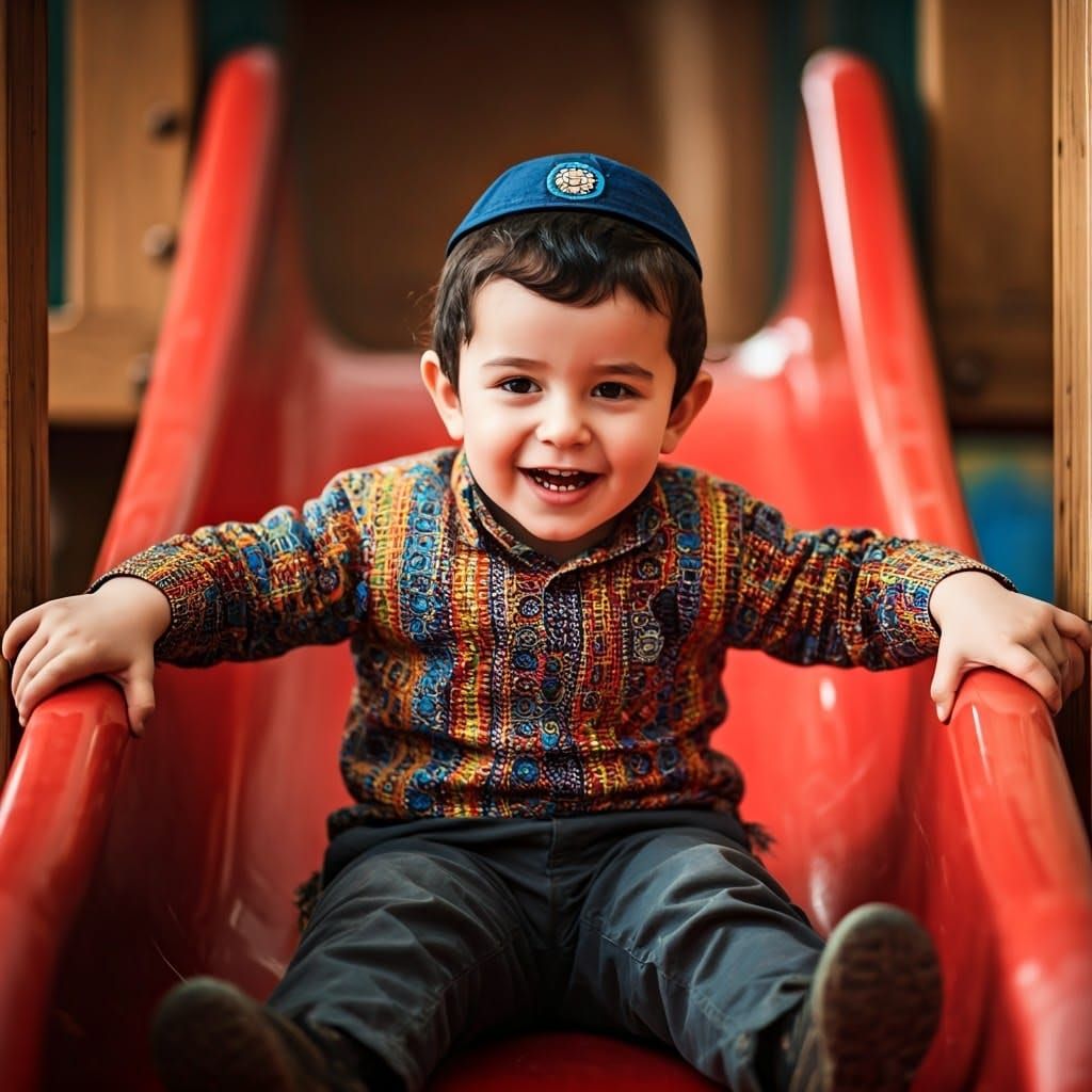 Joyful Haredi Boy on a Red Slide in Vibrant Kindergarten