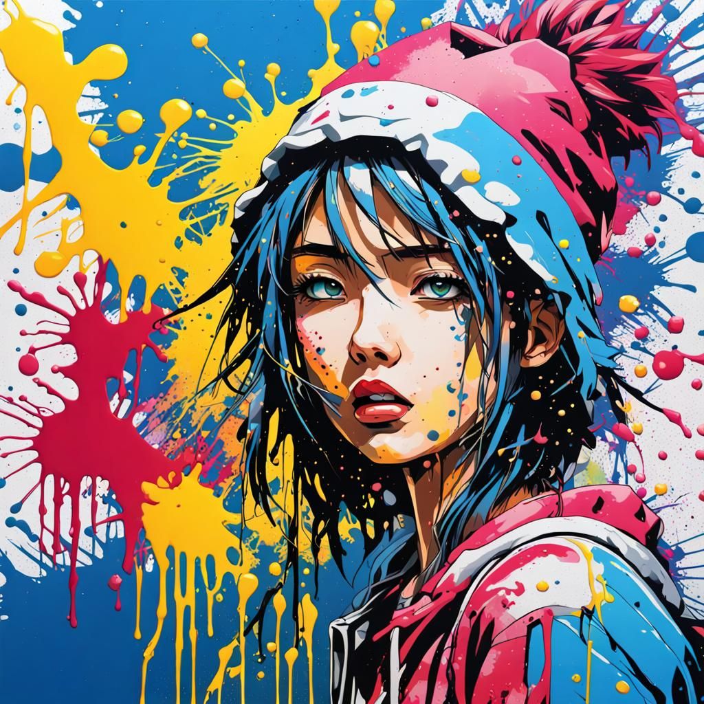 Paint splatter anime woman poprock art graffiti art, splash art
