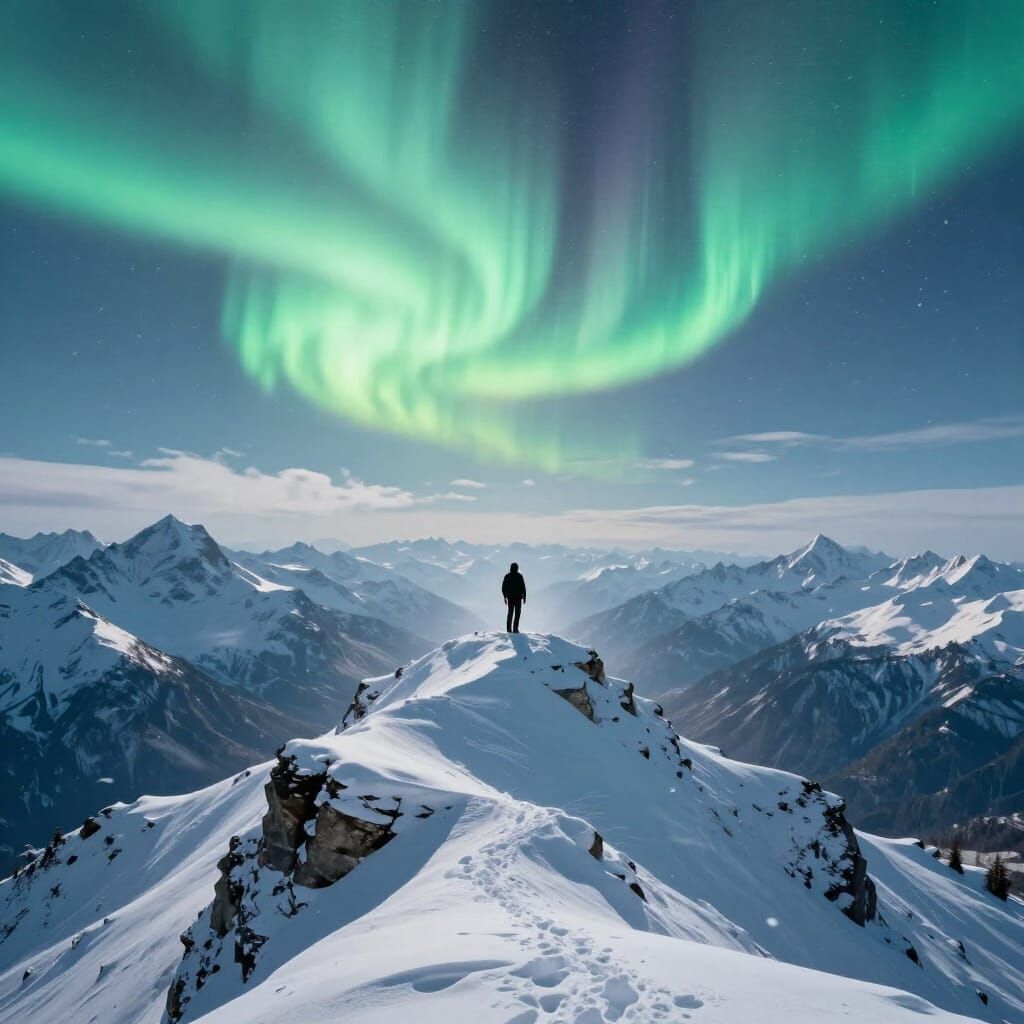 Solitary Figure on Mountain Peak Under Aurora Borealis
