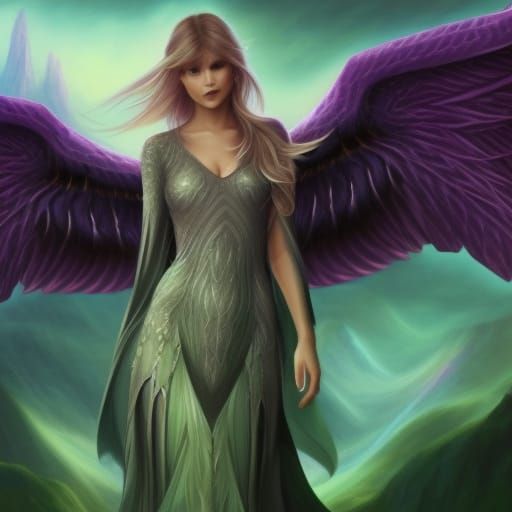 taylor swift, long purple wavy hair, glowing aura, mysteriou...