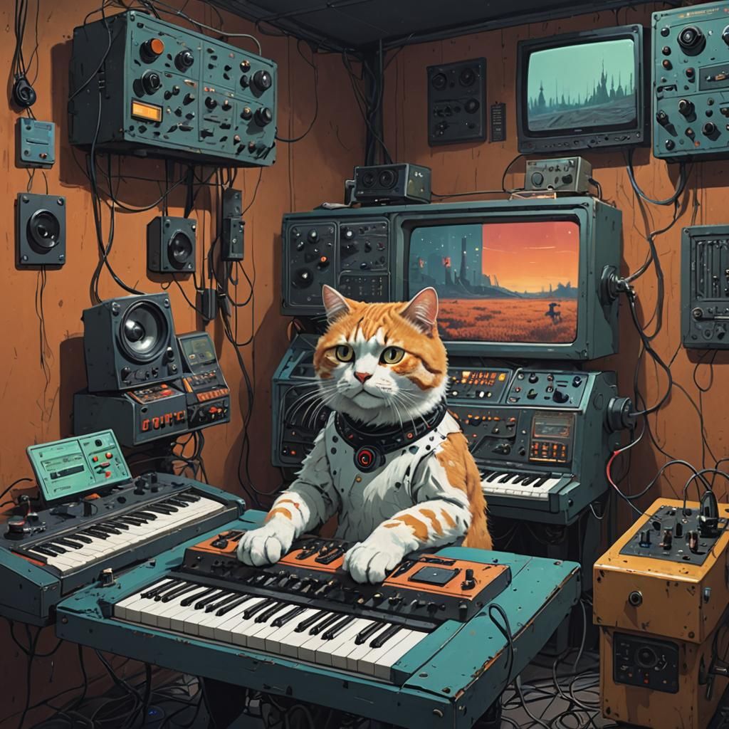 Robot Giant Cat plays a synth Simon Stålenhag spooky