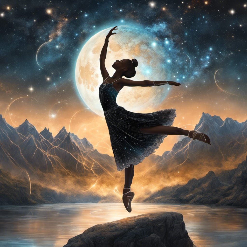 a beautiful black ballerina, dancing in front of golden mountains with ...