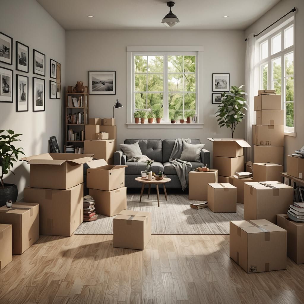 cinematic display of moving into a new home :: photorealistic