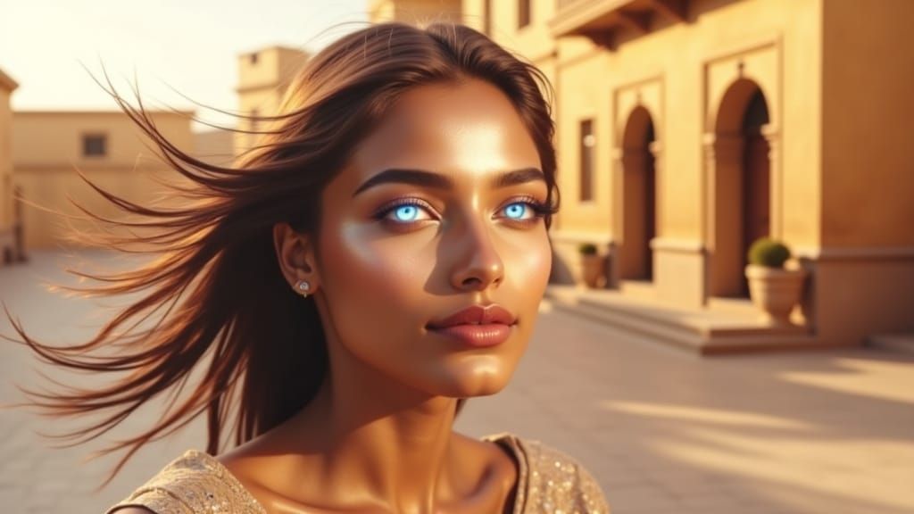 Serene Indian Woman in Golden Light with Impossible Sky