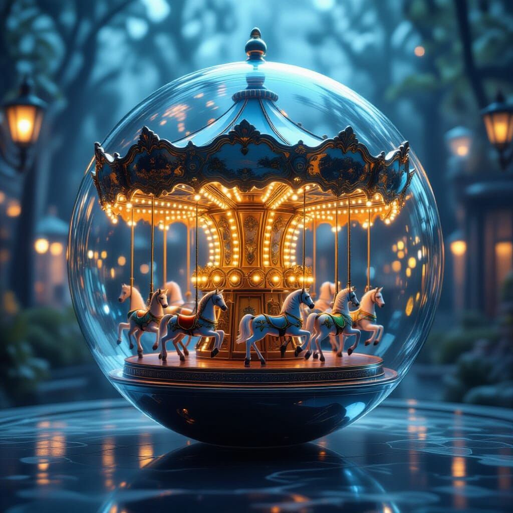 A hyper-detailed scene inside a transparent glass sphere, containing a fantastical carousel of unusual configuration — intricate, surreal de...