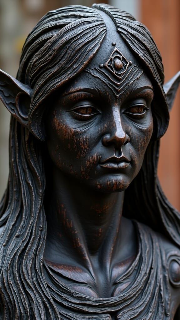 <lora:TrueWood - Flux:1.0>
A ebony wood sculpture  head and shoulders bust of elf queen with long pointy ears  Galadriel of Lothlorien