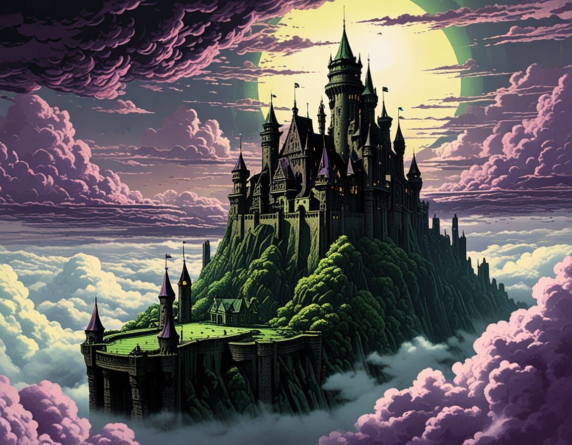 castle in the sky floating on the clouds, gothic, robust and Brutalist architecture, purple clouds with radioactive green rims, crosshatched...
