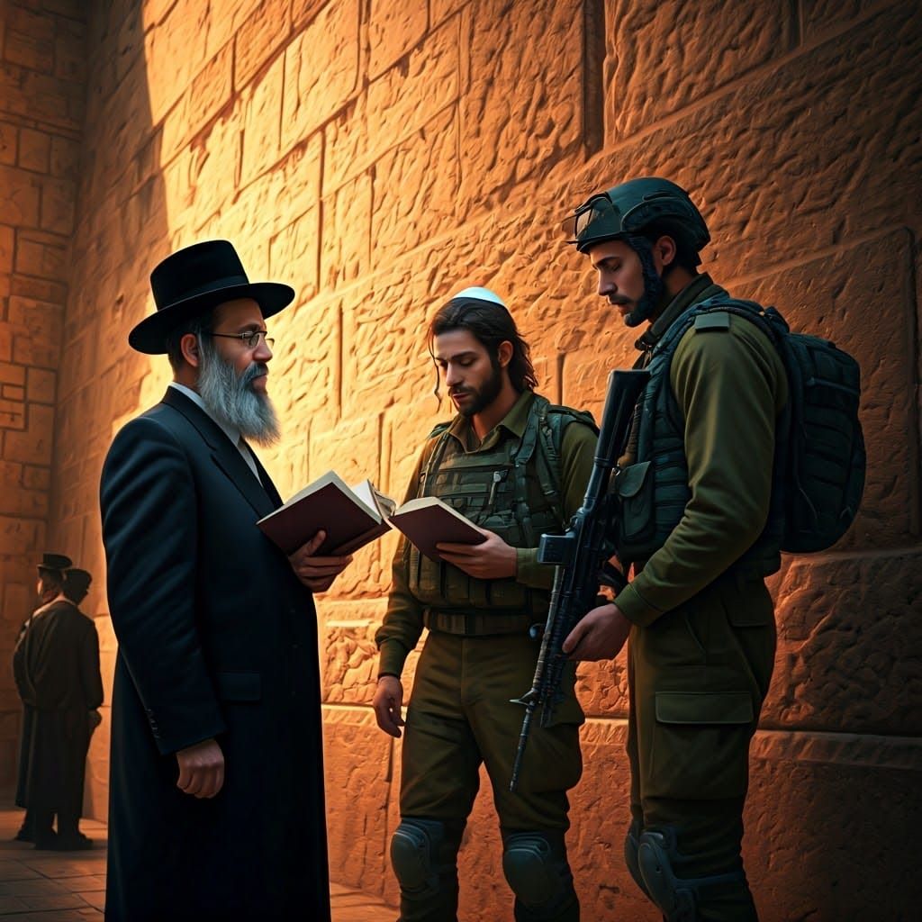 Haredi Man and Israeli Soldier Stand Beside a Young Man at t...