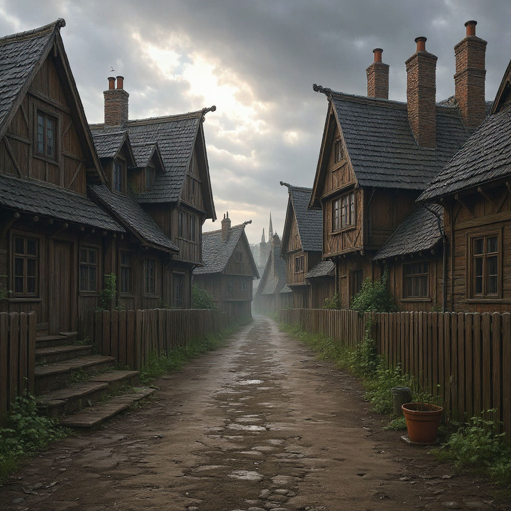 Rainy Village Scene with Cats and Horses