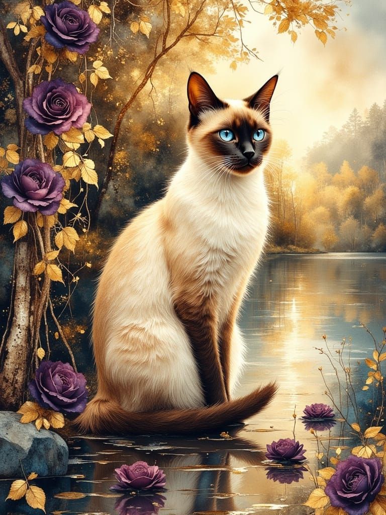 add a rock and golden grass and purple roses under the cat.