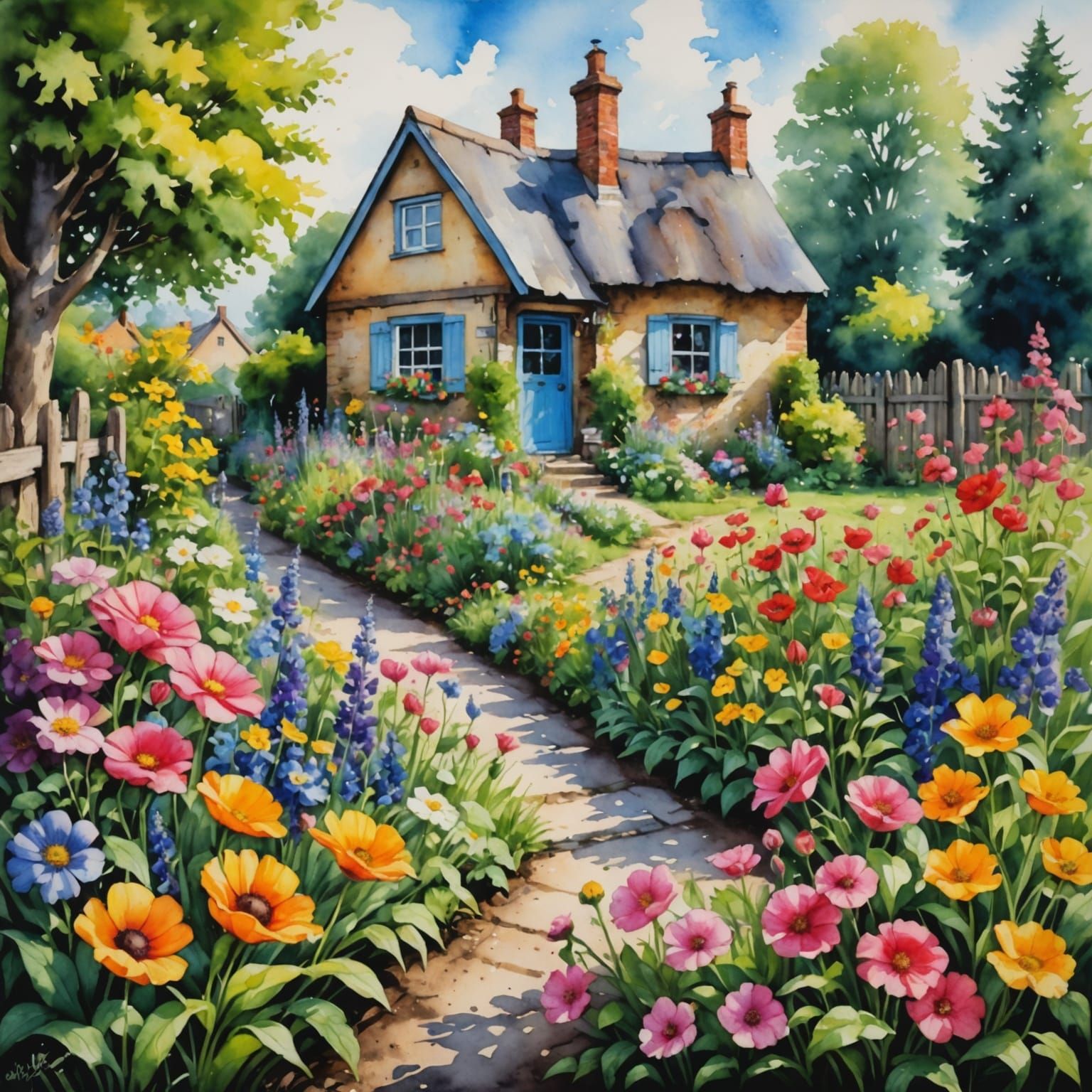 A beautiful watercolour painting of a cottage garden full of colourful flowers  by @EmzMc
