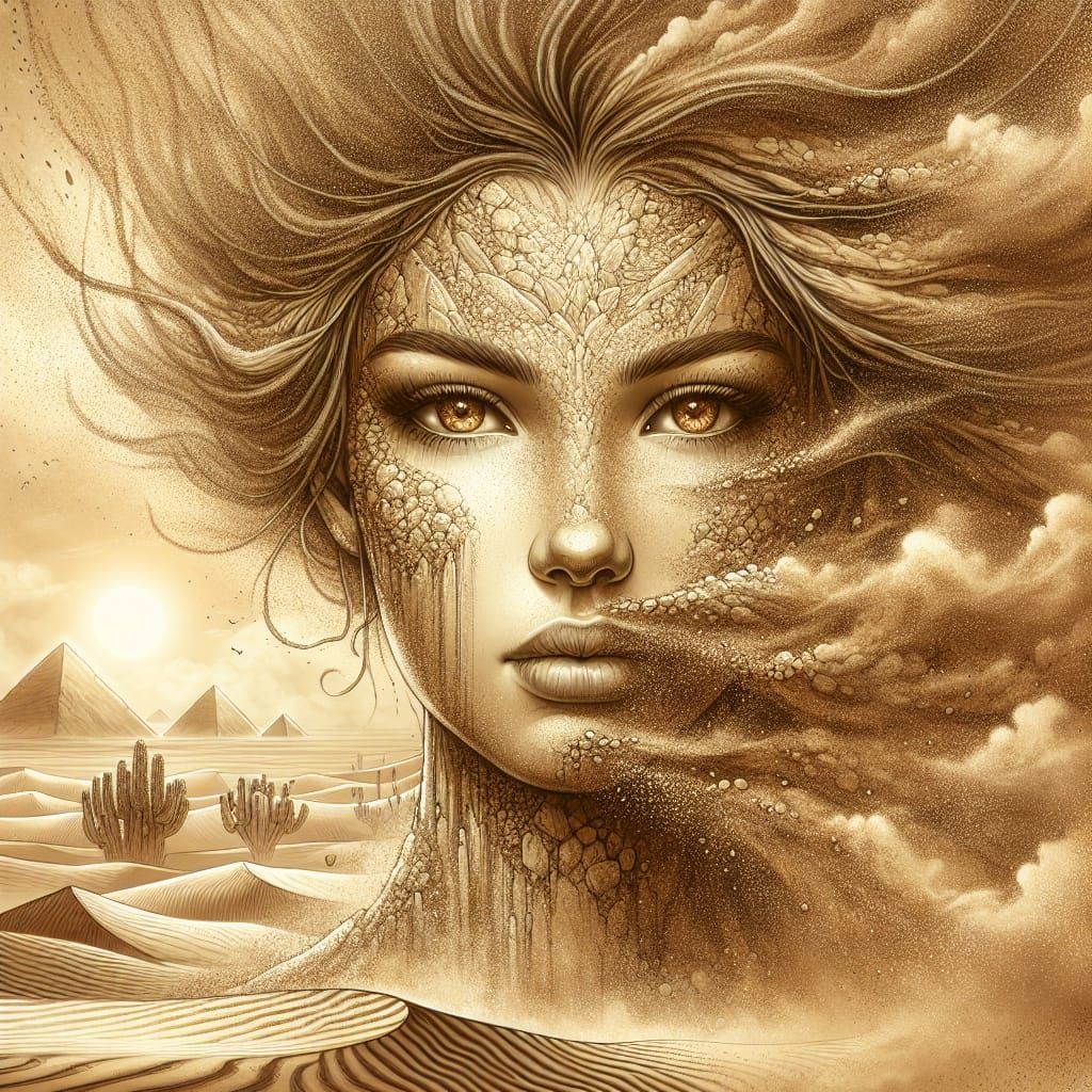 Sand-girl from wind with a detailed beautiful face and sparkling amber eyes  by @Adamka