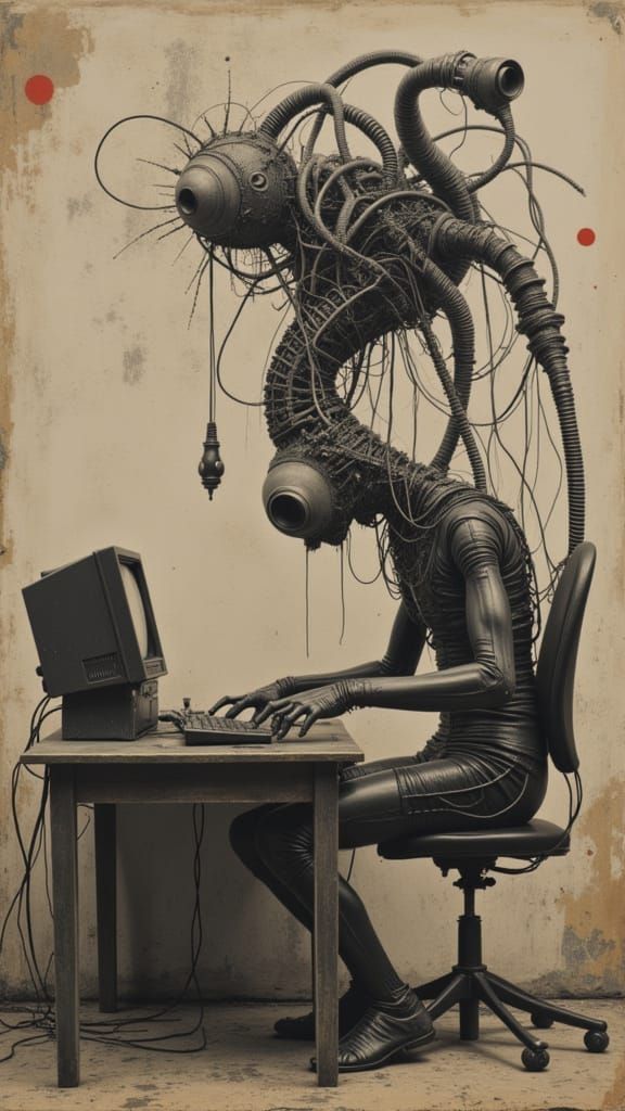 surrealist photocollage of a human drone, part human, part m...