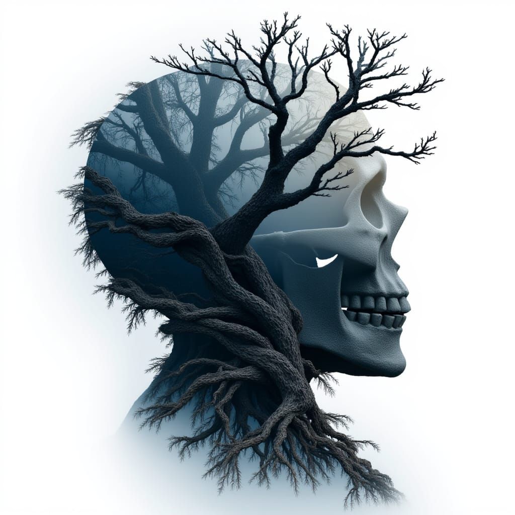 <lora:MJ7 Double Exposure:1.0> Double exposure photography of a skull silhouette with roots and vines creeping through, sharp focus, double ...