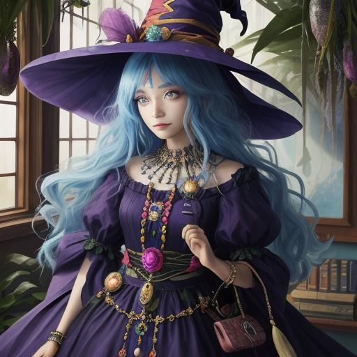 Anime Witch Girl with Colorful Hat and Dress