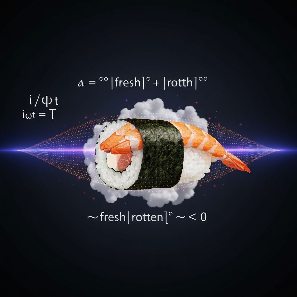 (Schrödinger's sushi:1.6) (quantum sushi roll:1.5) 🍣⚛️ sushi in quantum superposition, simultaneously fresh and rotten, transparent overlapp... - Start Image 2