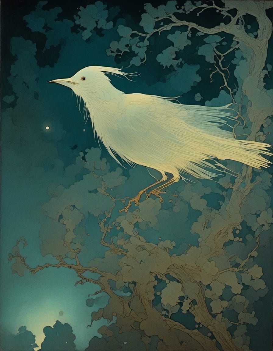 <lora:MoonNight:1.0> (translucent see-trough extremely-vaporous:1.8) double-exposure profile shot of a Gorgeous bird ghost. moonlit night....