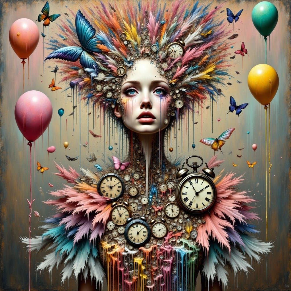 <lora:KakSurrealChaos:1.0>A surreal whimsy girl with a skinny face and a large nose made entirely of butterflies, melting clocks, and drippi...