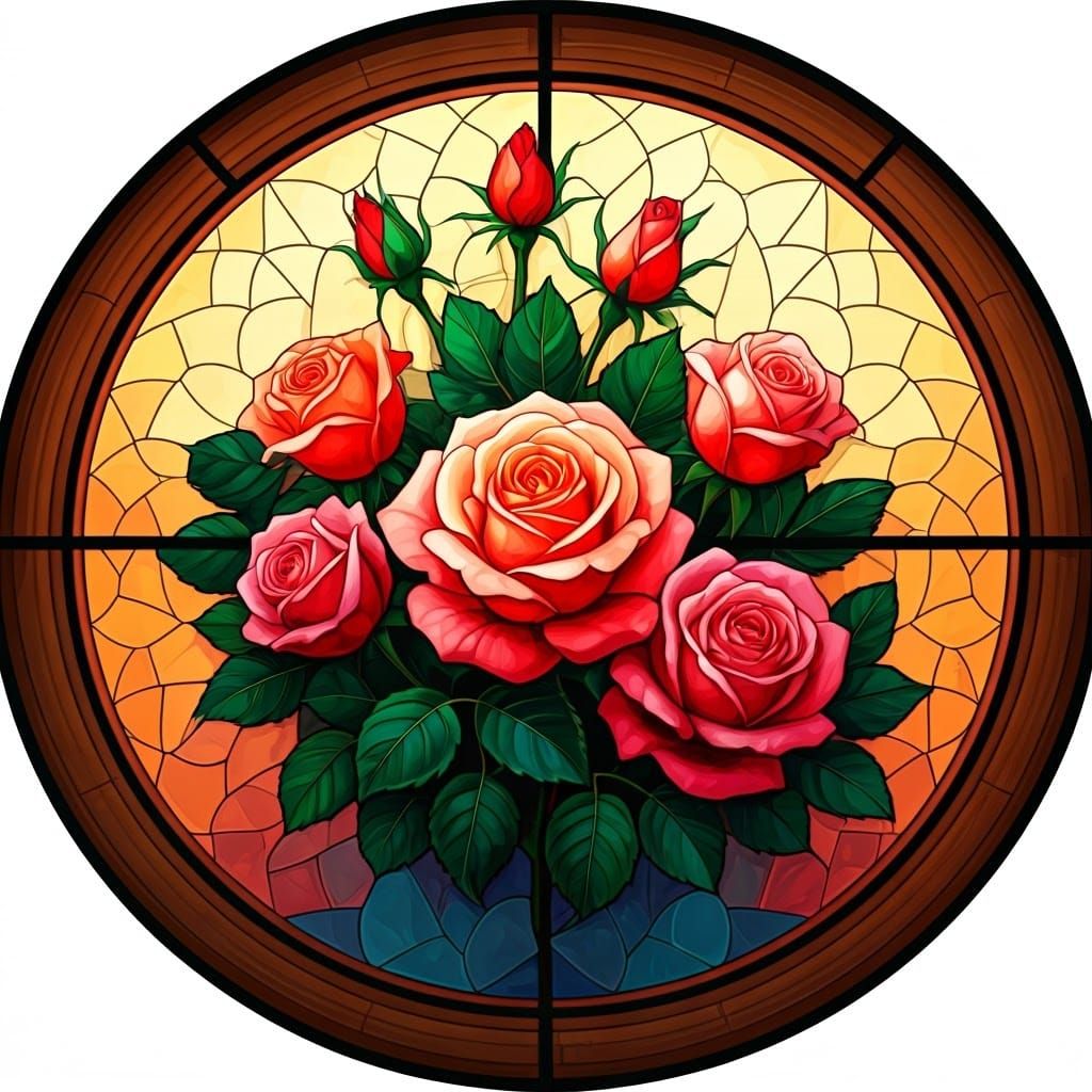 A round stained glass window of  roses triadic colors volume...