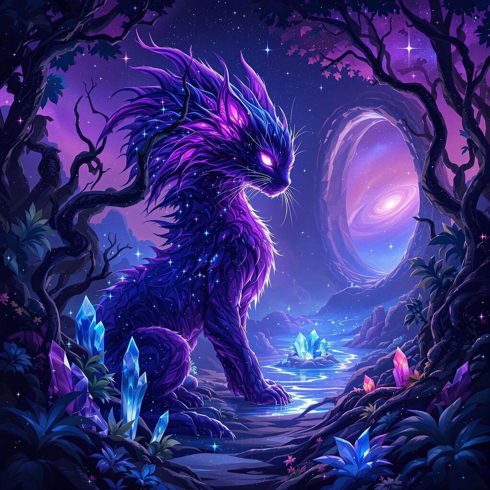 An alien creature gazes into another dimension on an alien p...