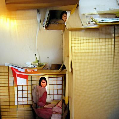 Japanese woman inside a tiny japanese apartment