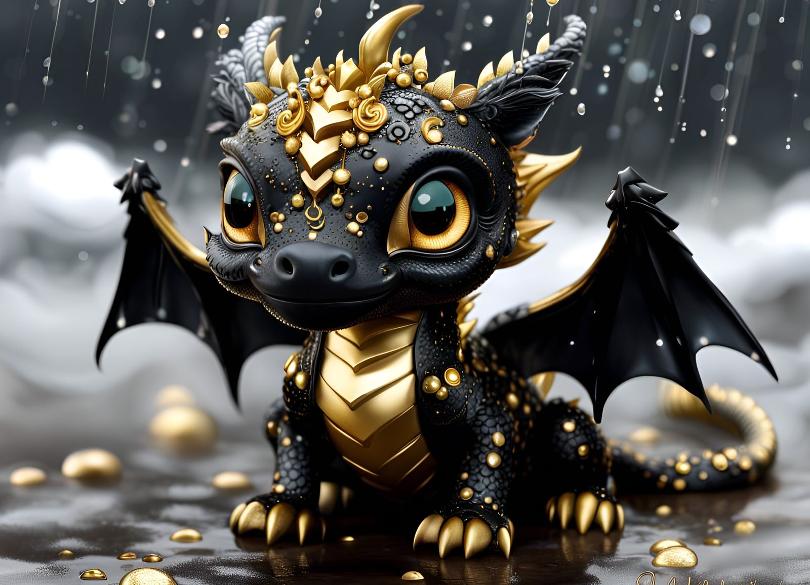 Cute Black Gold Baby Dragon - AI Generated Artwork - NightCafe Creator