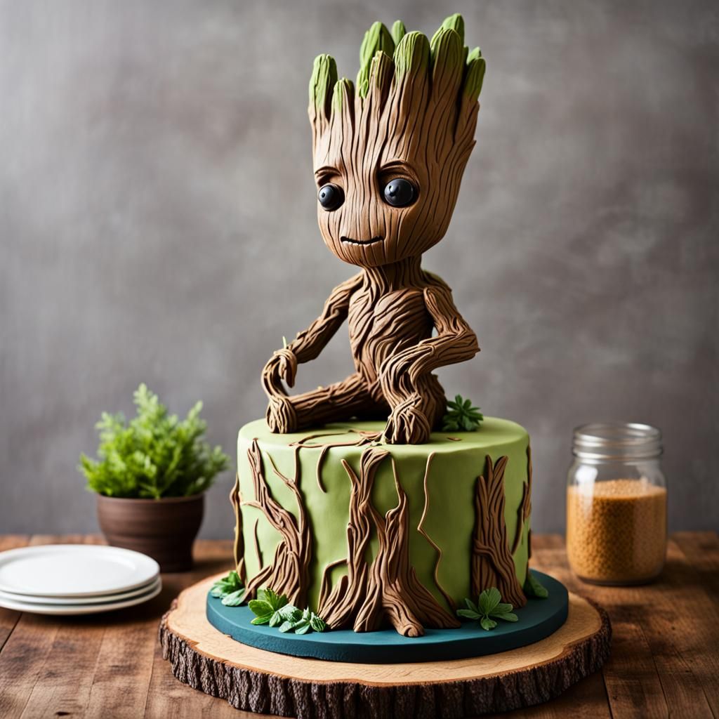 a cake inspired by Groot, the adorable Guardian of the Galaxy. Incorporate earthy colors, woodsy textures, ...  by @evinrude