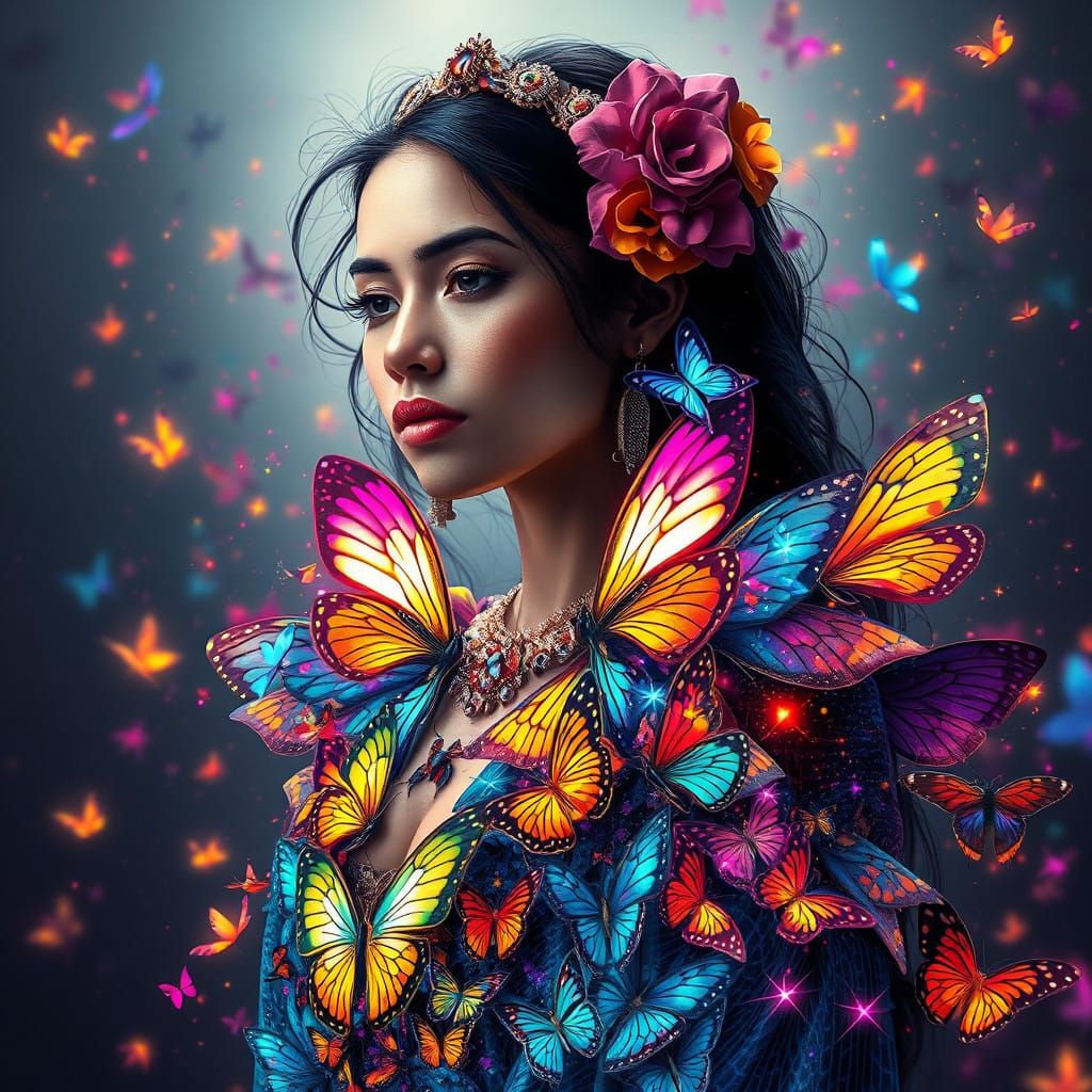 Beautiful Mexican woman is wearing a living dress of colorful dragonflies, fireflies and butterflies ...  by @Don Enfuego